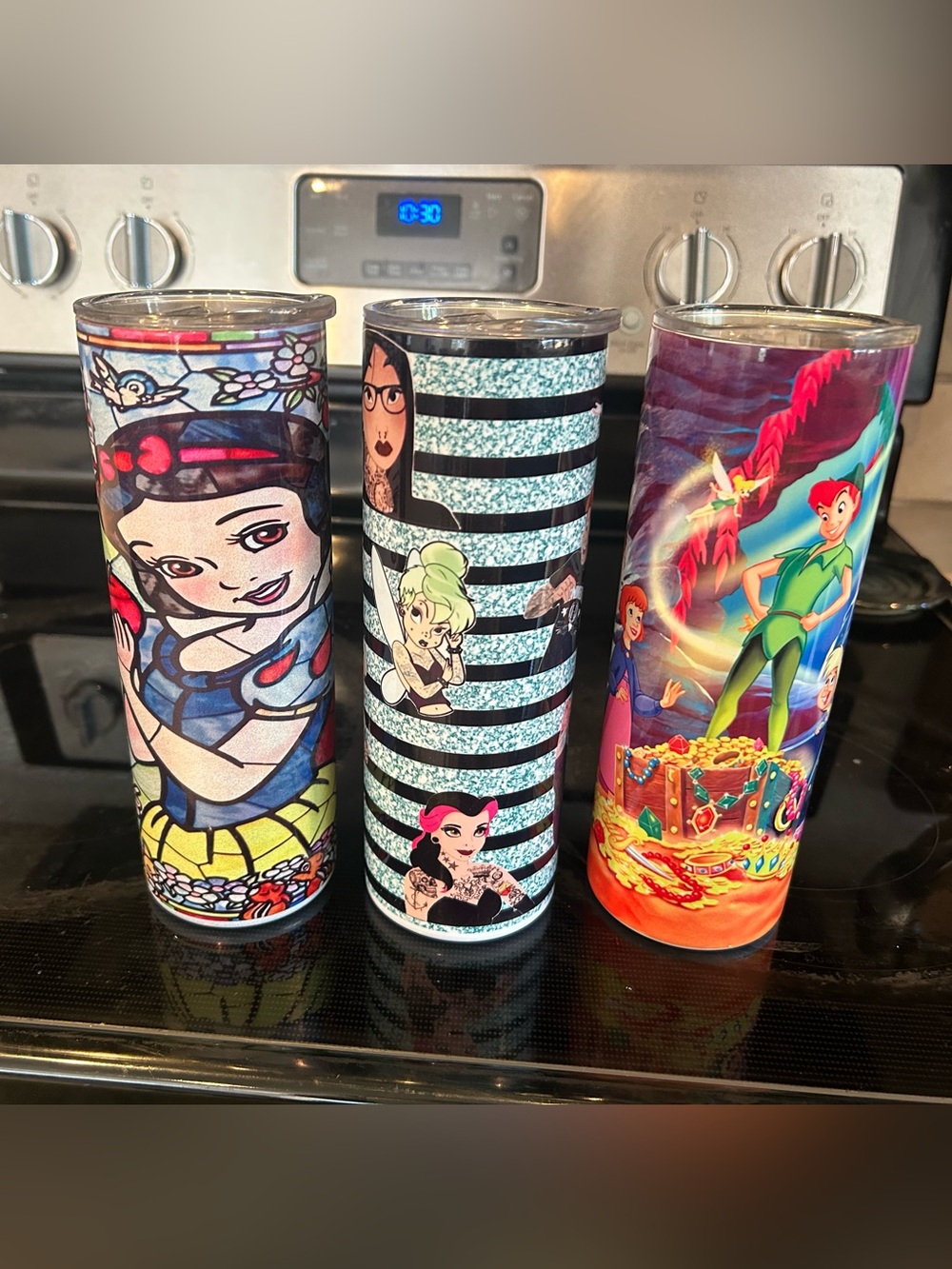 Three Disney Tumblers - Snow White, Tatted and Peter Pan